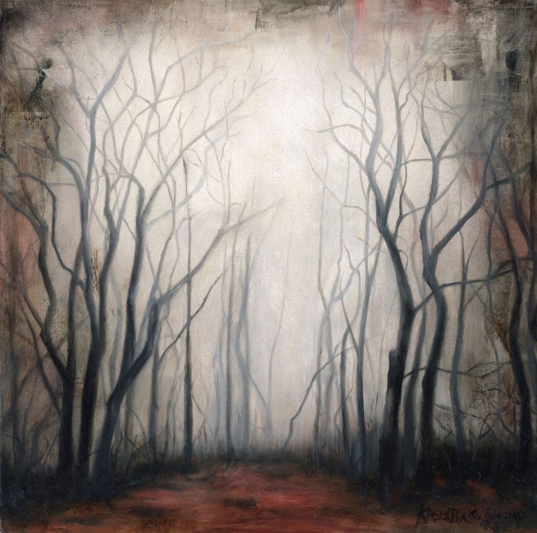 Caligo Vespera by Kierstin Young | Oil on aluminum panel Foggy forest with bare trees: This artwork depicts a hauntingly ethereal landscape, where skeletal trees rise against a fog-laden backdrop, creating a sense of mystery and introspection. The muted color palette, dominated by