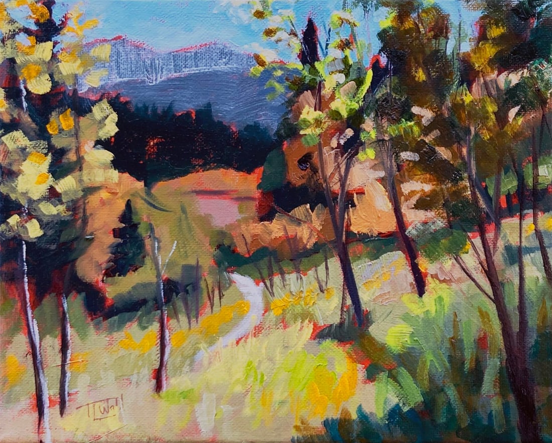 Gusty (plein air Golden Gate Canyon SP) by Tracy Wall | Oil on Canvas Landscape with trees and hills: This plein air painting captures the vibrant landscape of Golden Gate Canyon State Park, with a dynamic interplay of light and color. Lush greenery and trees frame a winding path that leads the