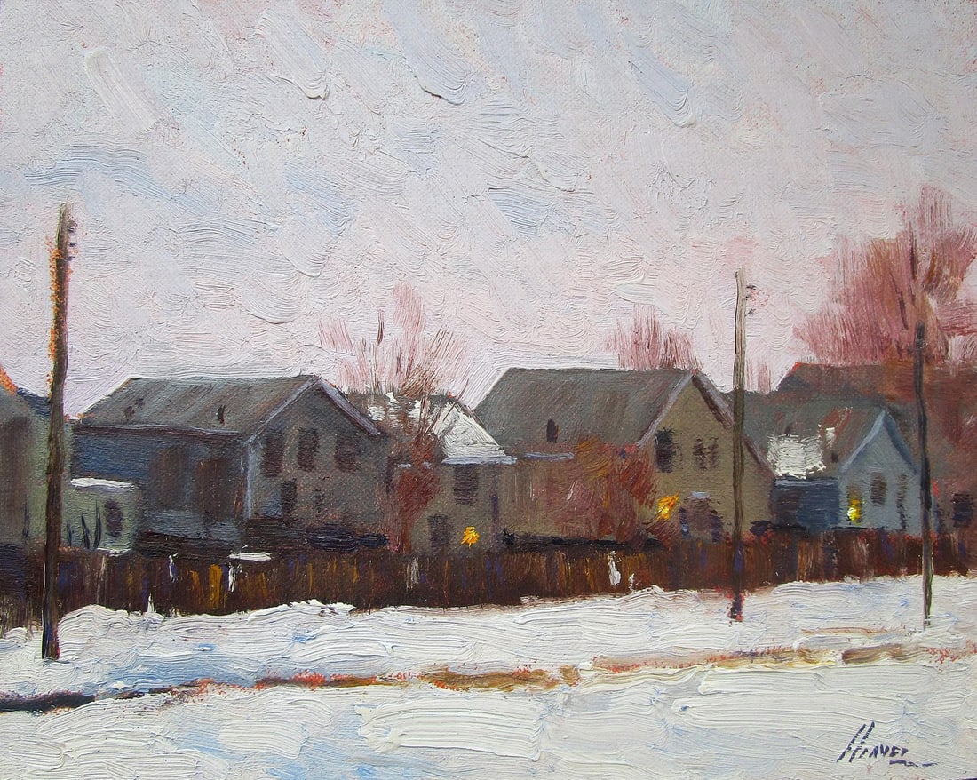 Morning Lights by Lorenzo Chavez | Oil Painting of houses in a snowy landscape at dawn: In "Morning Lights," a serene winter landscape unfolds, capturing the gentle glow of dawn illuminating a row of quiet houses. The soft brushwork conveys a tranquil atmosphere, with delicate hues of