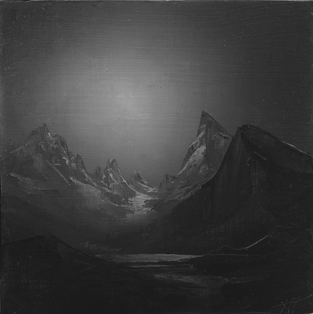 Phase by Todd Carpenter | Oil on Board Black and white mountain landscape with a lake.: The artwork presents a monochromatic landscape, where rugged mountains rise dramatically against a softly illuminated sky. The subtle gradations of black and gray create a moody atmosphere, evoking a