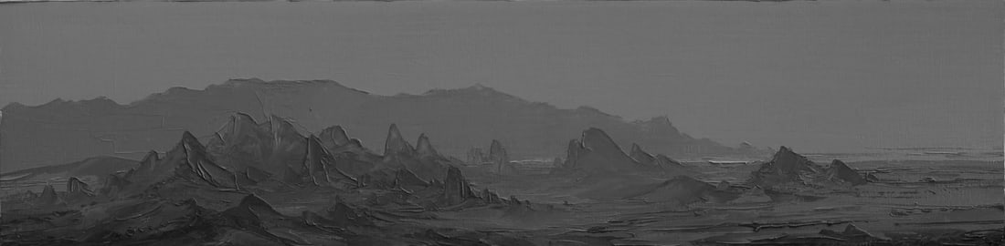 Panpandemic by Todd Carpenter | Oil on Board Landscape with mountains and a gray sky