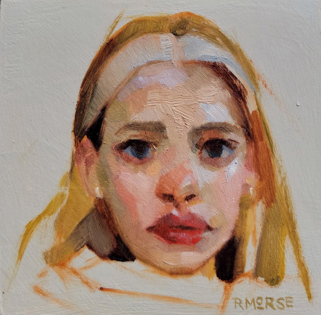 Silver by Ryan Morse | Oil on Panel Portrait of a Young Woman: This oil painting on panel presents a close-up portrait of a young woman, capturing her expressive gaze and subtle emotional complexity. The warm tones and loose brushwork create a sense of immediacy