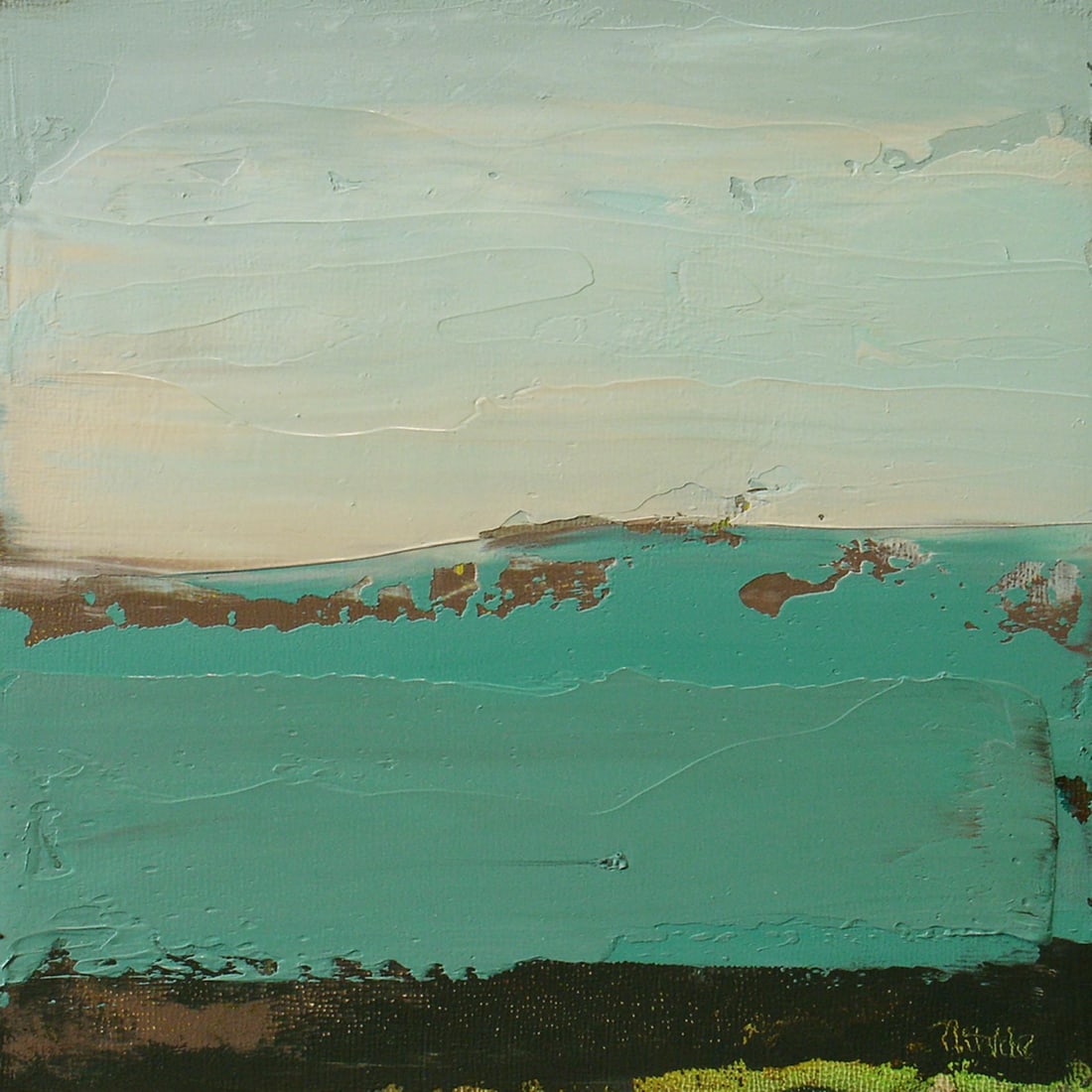 Blue Green Wash by Nicole Hyde | Oil Painting of a landscape with blue and green hues: This oil painting features a serene landscape, where expansive washes of blue and green create a tranquil atmosphere. The gentle blending of colors evokes a sense of calm, while subtle textures add de