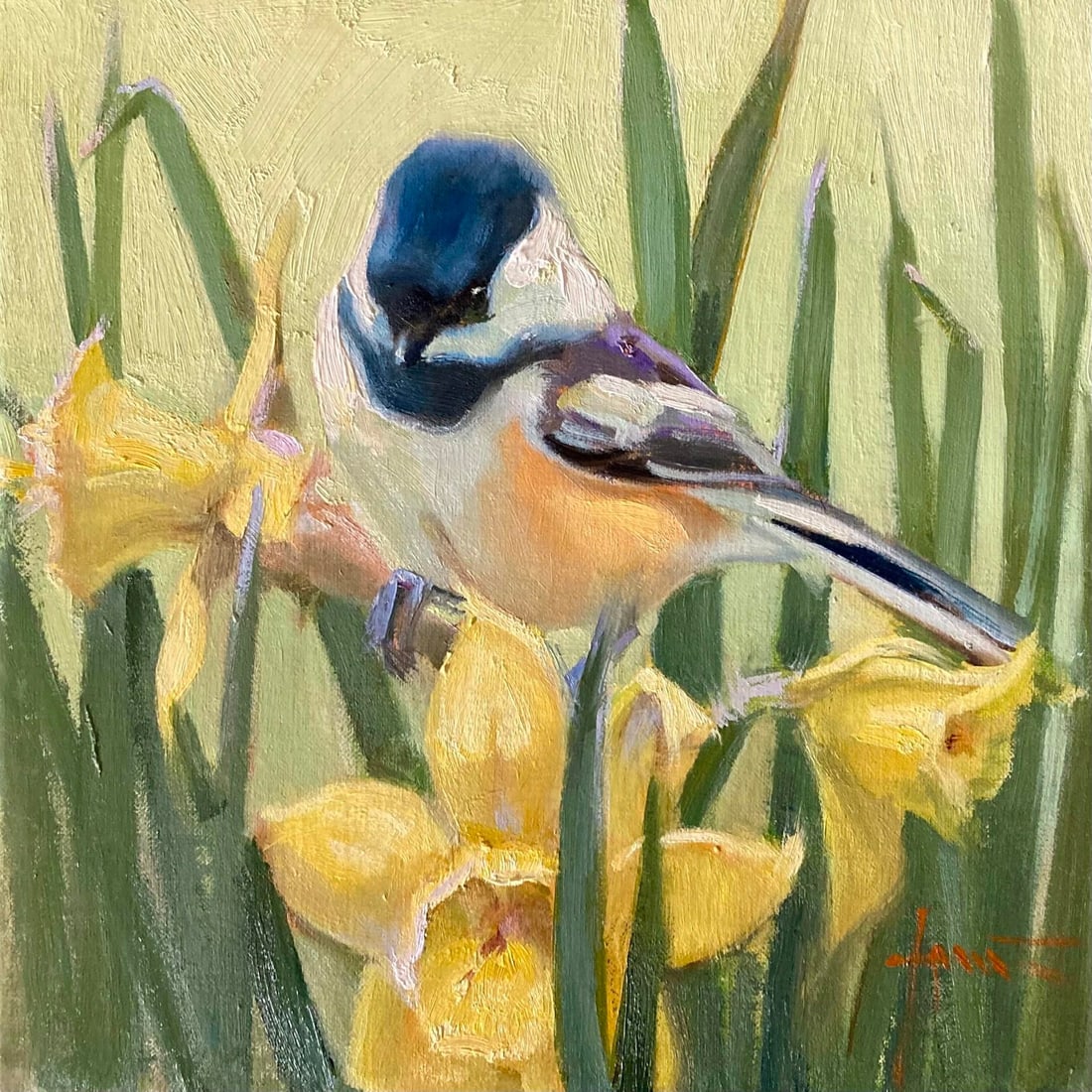 Sweet Spring by Lani Vlaanderen | Oil Painting of a bird perched on yellow flowers: In "Sweet Spring," a delicate bird perches among vibrant yellow daffodils, embodying the essence of renewal and warmth. The soft brushwork captures the intricate details of the bird's plumage and the