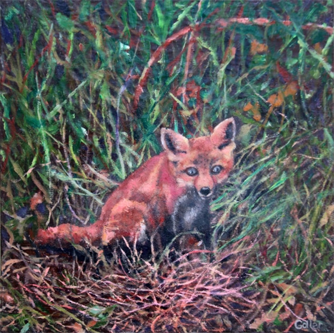 Bingo by Carrie Goller | Oil on Wood Panel Painting of a fox in grass: This oil on wood panel depicts a young fox nestled among lush grasses, its striking orange fur contrasting beautifully with the earthy tones of the surrounding foliage. The intricate brushwork capture