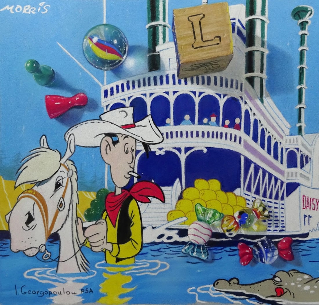 Joyful Cruise With Luke by Irene Georgopoulou | Pastel on Paper Cartoon scene with a cowboy and a ri (1 of 2)