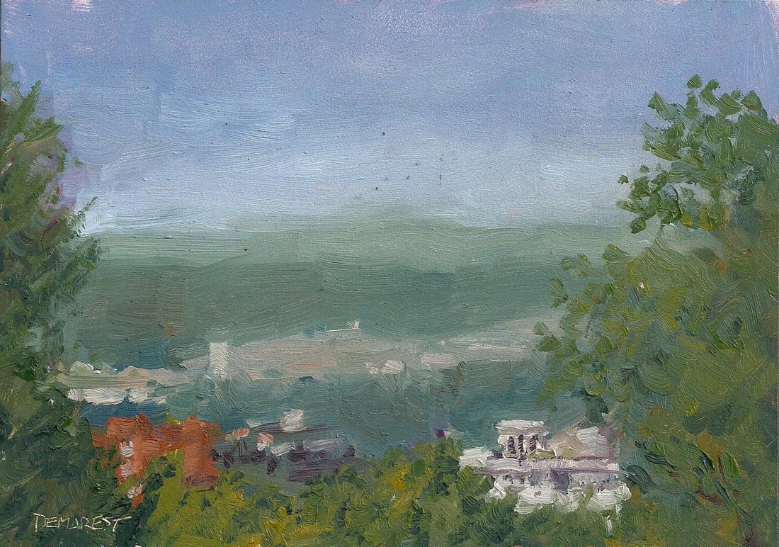 Atmosphere next to Vulcan by Delton Demarest | Oil Painting of a landscape with trees and distant hi: This oil painting captures a serene landscape, where soft, muted colors blend seamlessly to depict a distant view of rolling hills and a tranquil sky. Lush greenery frames the scene, enhancing the