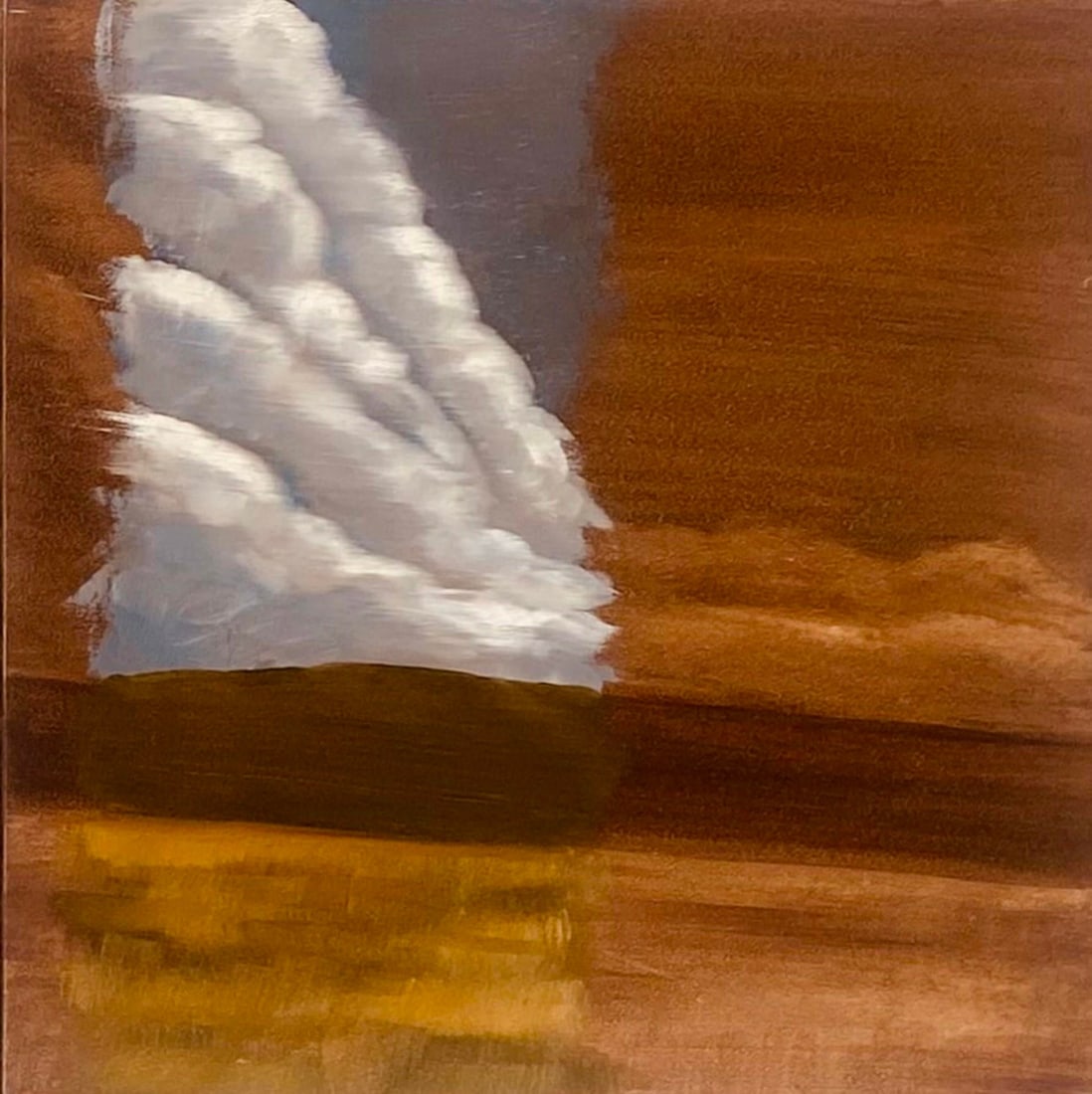 Thunder Rolls by Alexandra Hansen | Oil on canvas Landscape with clouds and brown hues: In "Thunder Rolls," a dramatic interplay of earthy browns and soft whites captures a stormy sky, where billowing clouds rise against a muted landscape. The artist employs a smooth blending technique,