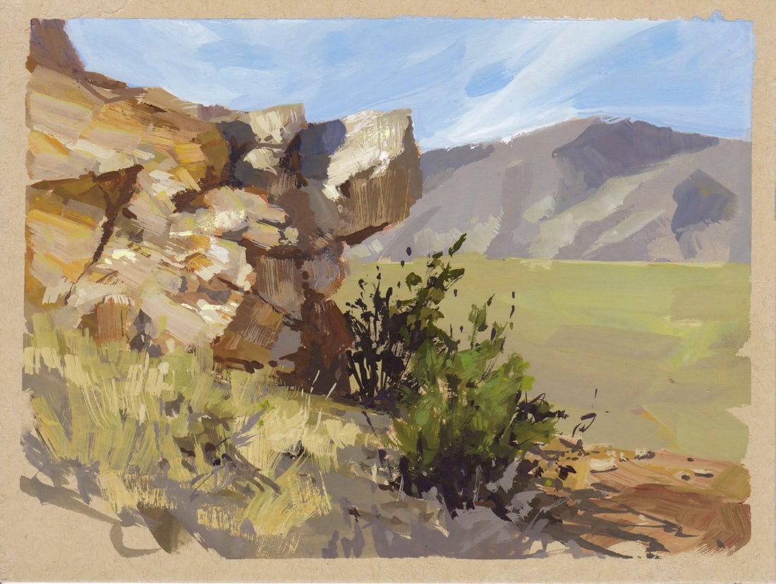 027 - Plein Air-Golden, CO, 4/17/22 by Judd Mercer | Gouache Painting of a rocky landscape with vege: This gouache painting captures a serene moment in Golden, Colorado, showcasing a rugged rock formation juxtaposed against a lush green landscape. The artist employs a loose brushwork technique, allowi