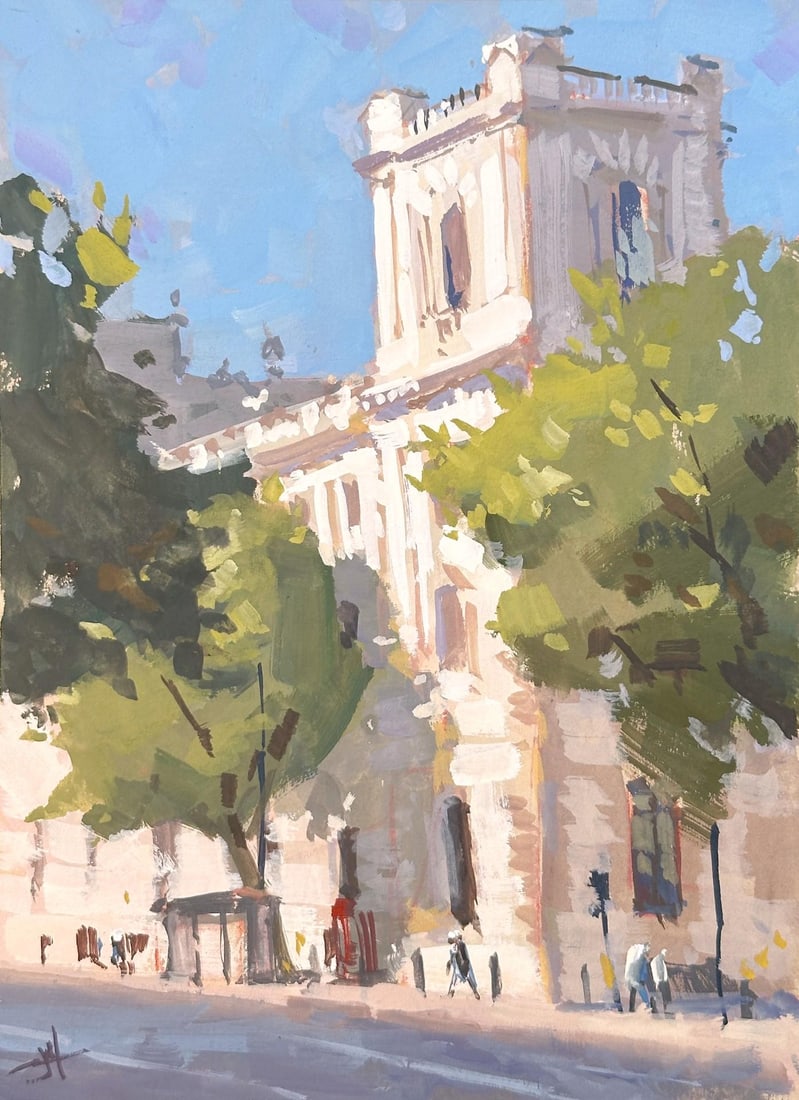12 Downing Morning by Judd Mercer | Gouache Painting of a building with trees and pedestrians: The artwork captures a sunlit morning scene at 12 Downing, showcasing the elegant architecture of the building framed by lush green trees. The use of gouache creates a vibrant interplay of light and