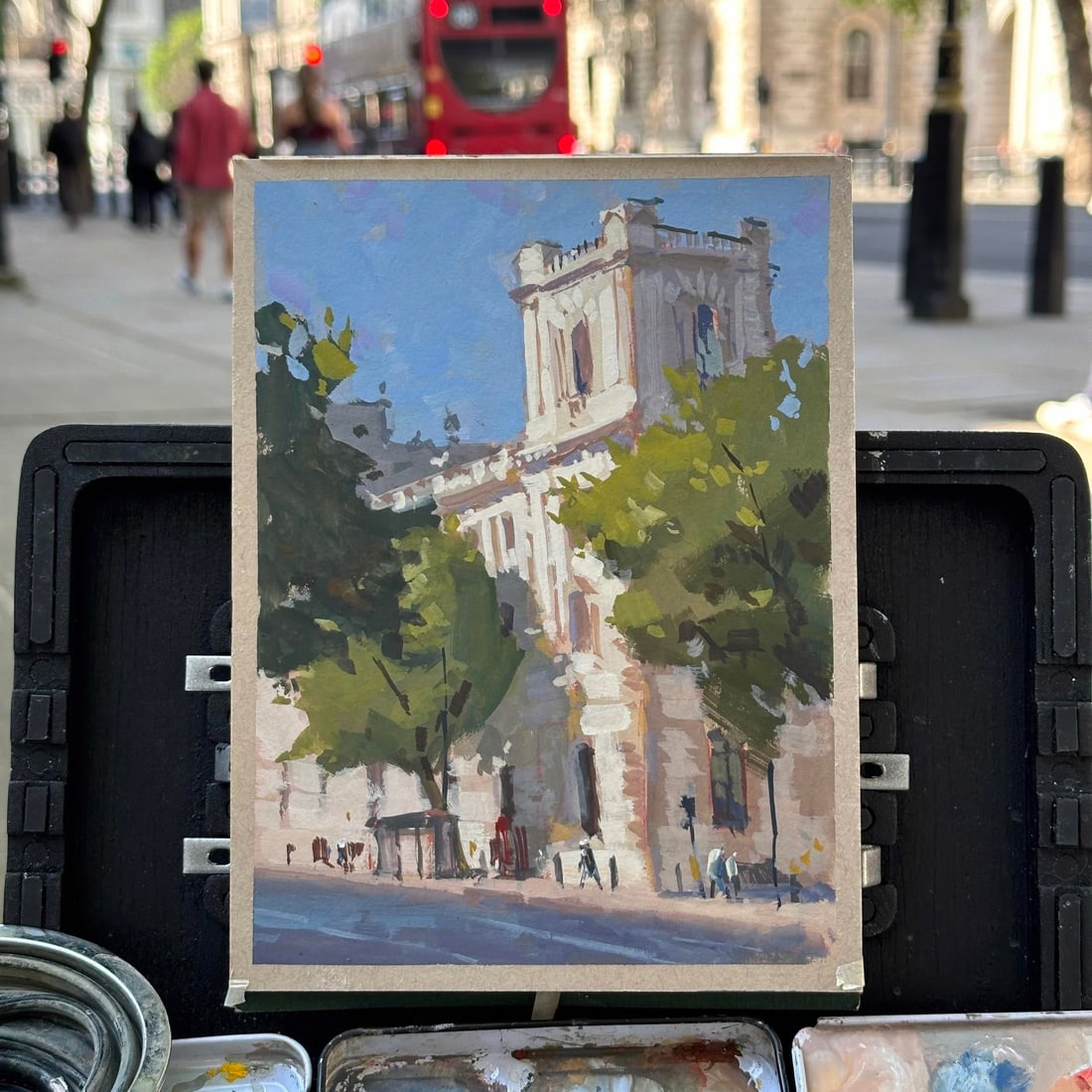 12 Downing Morning by Judd Mercer | Gouache Painting of a building with trees and pedestrians - 2
