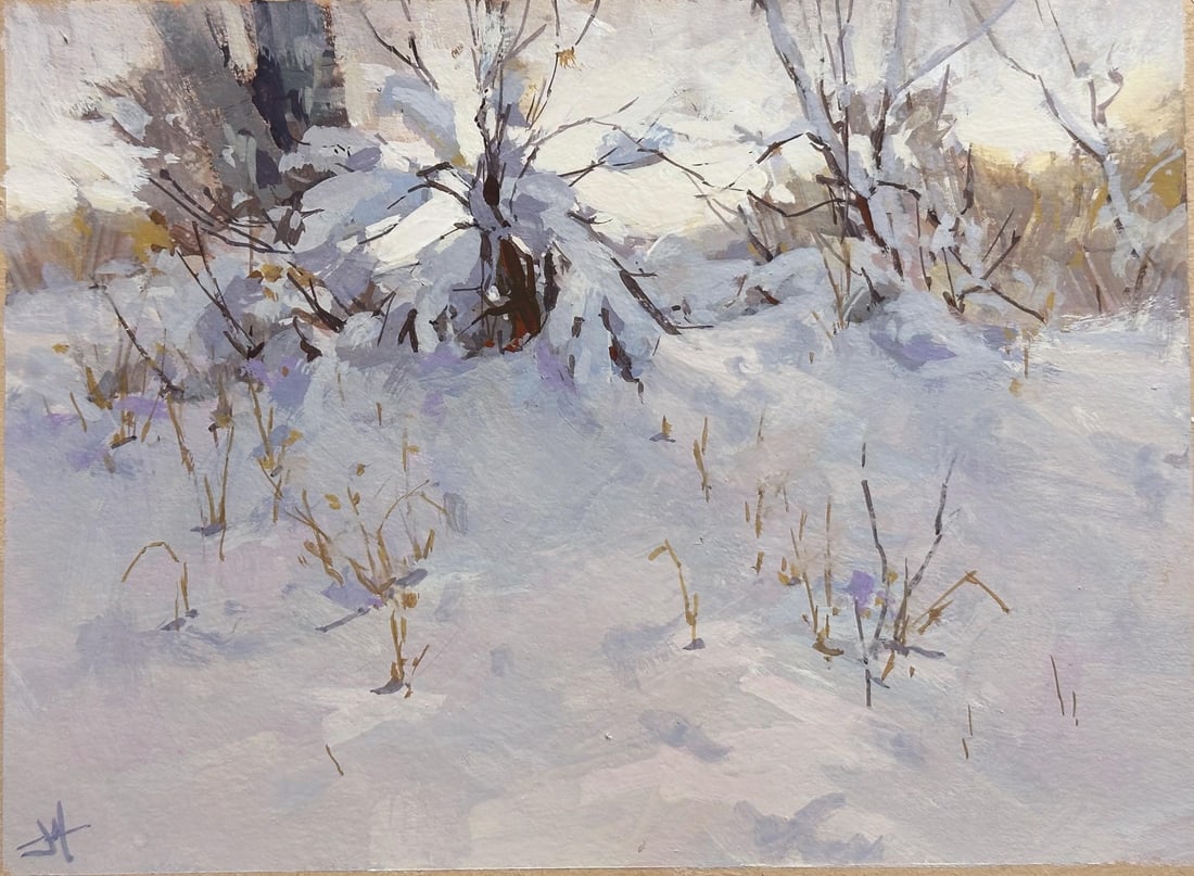 Whisper Fall by Judd Mercer | Gouache Snowy landscape with shrubs and grass in winter.: Whisper Fall captures a serene winter scene, where soft layers of snow blanket the ground, creating a tranquil atmosphere. Delicate brushwork highlights the subtle interplay of light and shadow on the