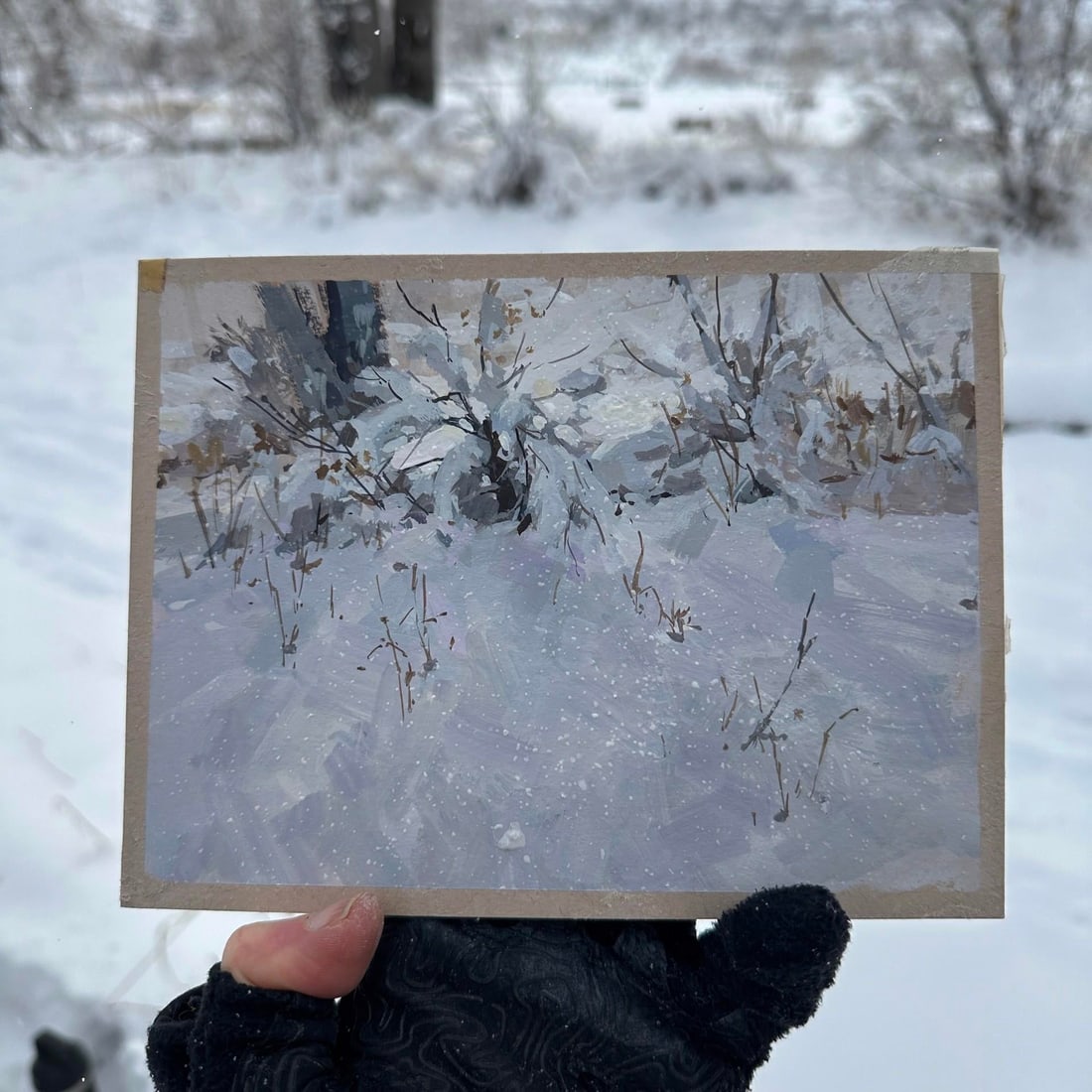 Whisper Fall by Judd Mercer | Gouache Snowy landscape with shrubs and grass in winter. - 2