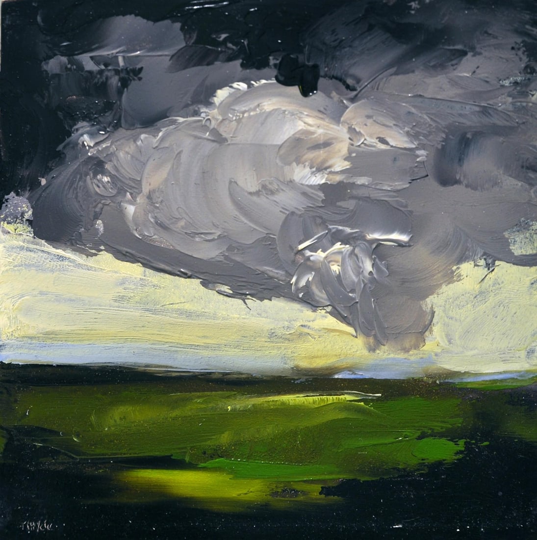 Descent by Nicole Hyde | Oil Painting of dark clouds over a green landscape - 2