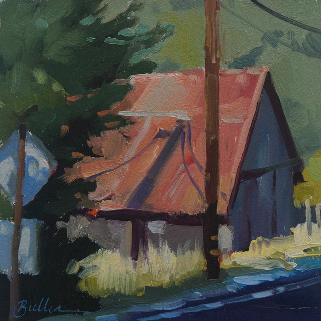 Mountain Road by Samantha Buller | Oil on panel Painting of a rural road with a house and trees.: The painting "Mountain Road" depicts a quaint, weathered structure nestled among lush greenery, with a striking red roof that contrasts against the cool tones of the surrounding landscape. The