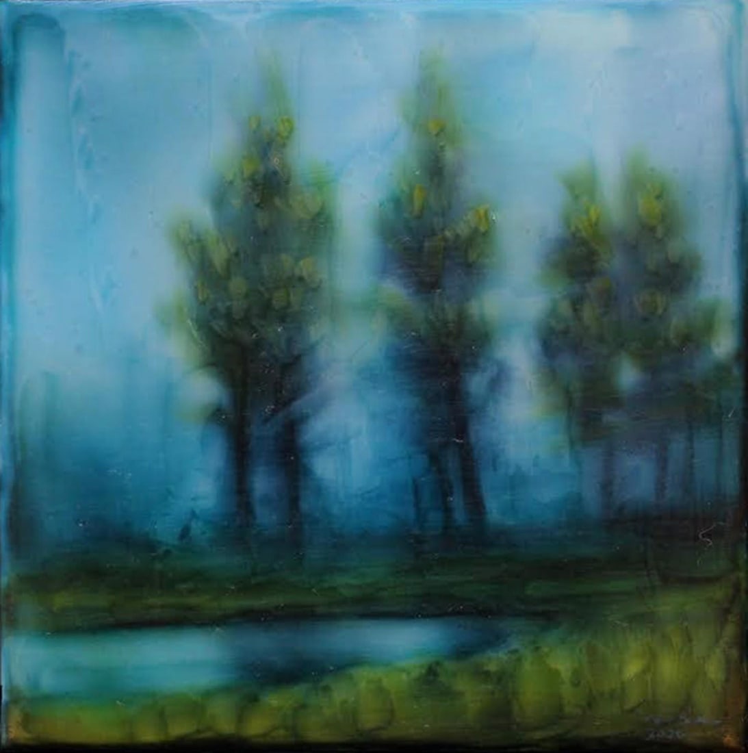 Line by Brian Sostrom | Acrylic Painting of blurred trees and water in a landscape.: This acrylic piece presents a serene landscape, featuring softly blurred silhouettes of trees against a tranquil body of water. The ethereal quality of the colors creates a dreamlike atmosphere,