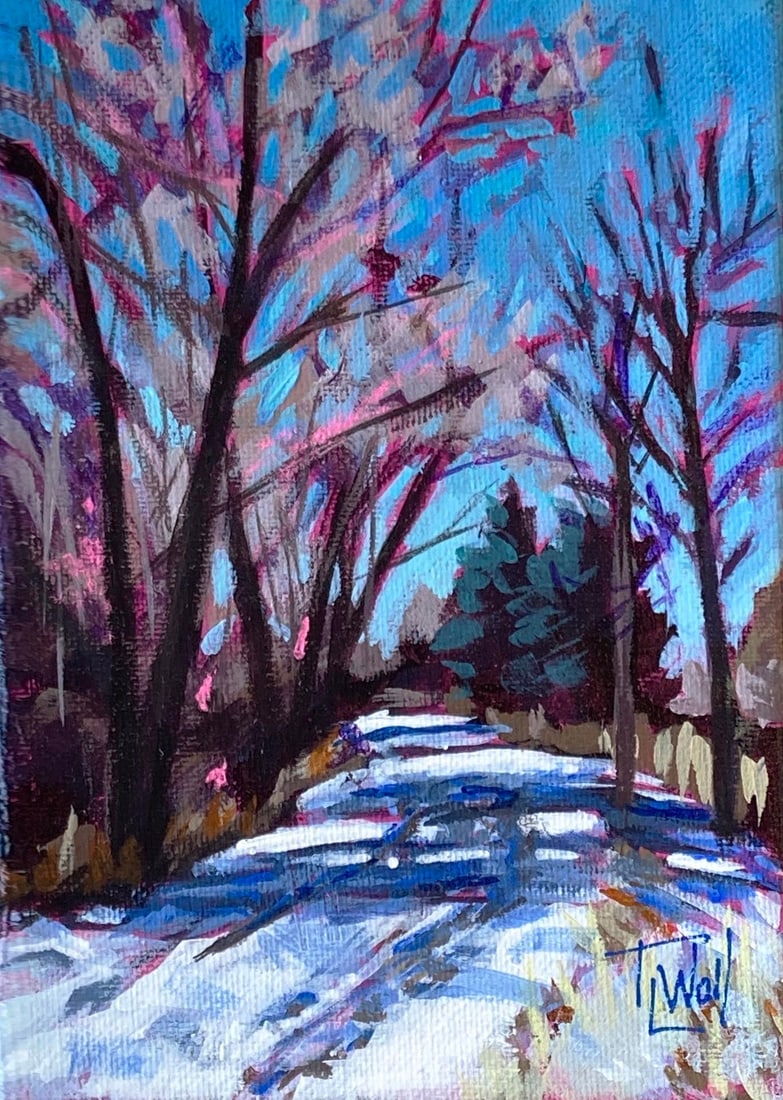 Snow on HLC, Study #2 (mile-marker 20) by Tracy Wall | Mixed Media on Canvas winter landscape with t: This mixed media piece captures a serene winter landscape, where snow blankets a pathway framed by trees adorned with hints of pink. The vibrant brushwork conveys a sense of tranquility and the