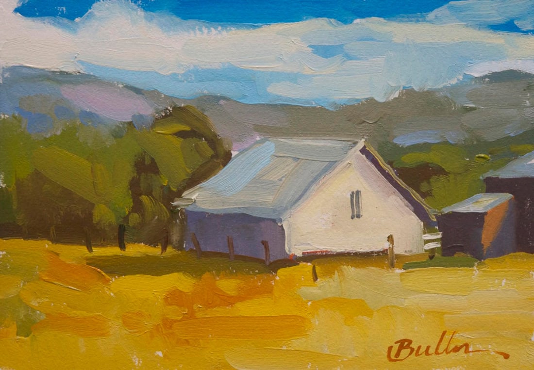 Golden Farmland by Samantha Buller | Oil on panel Landscape of a farmhouse in a golden field. - 2