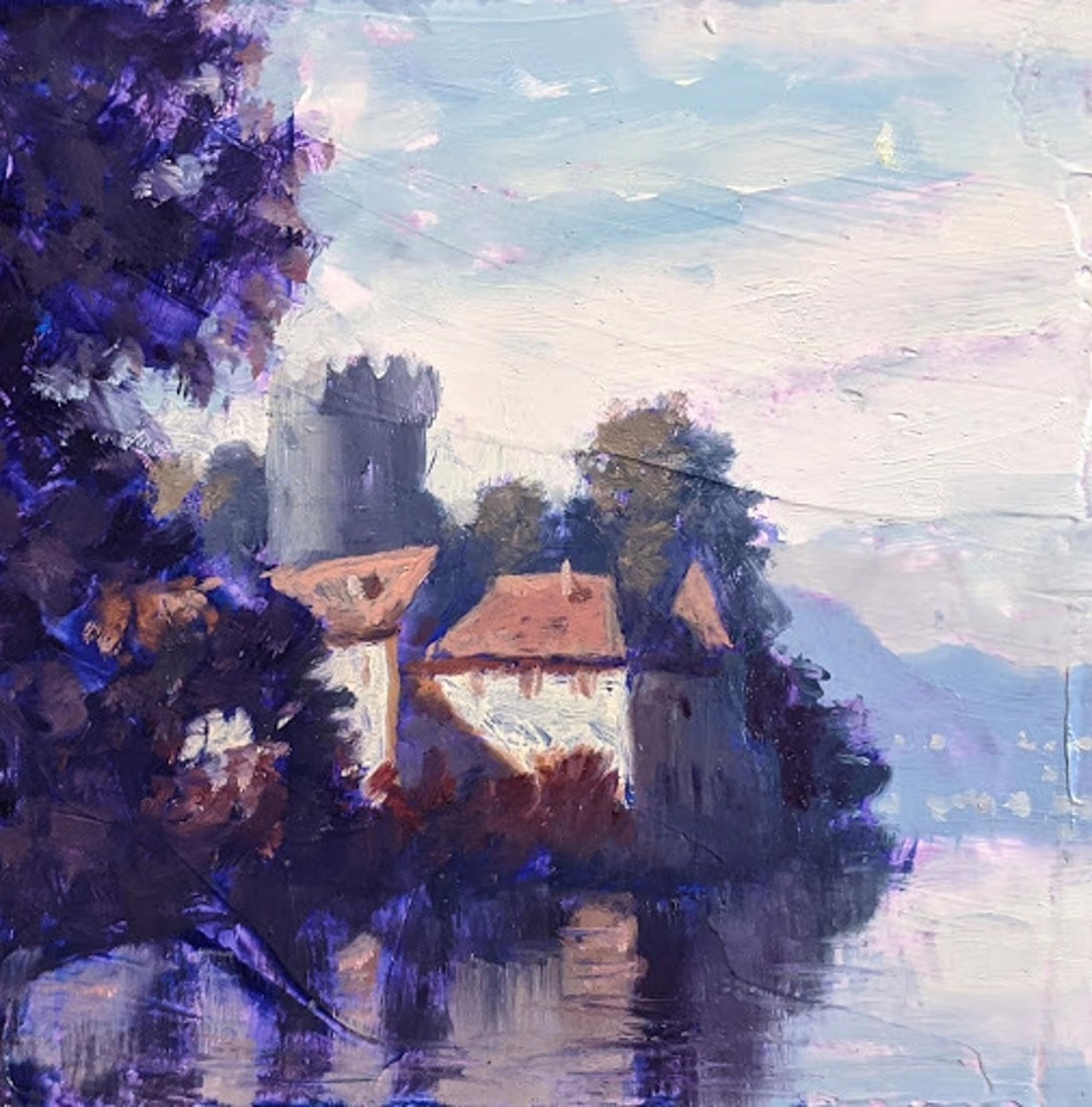 Chateau on the Lake by Christopher Clark | Oil on Artefex ACM panel of a castle by a lake: This oil painting captures a serene lakeside scene featuring a charming chateau nestled among lush trees, reflecting softly on the water's surface. The use of rich, deep hues creates a tranquil
