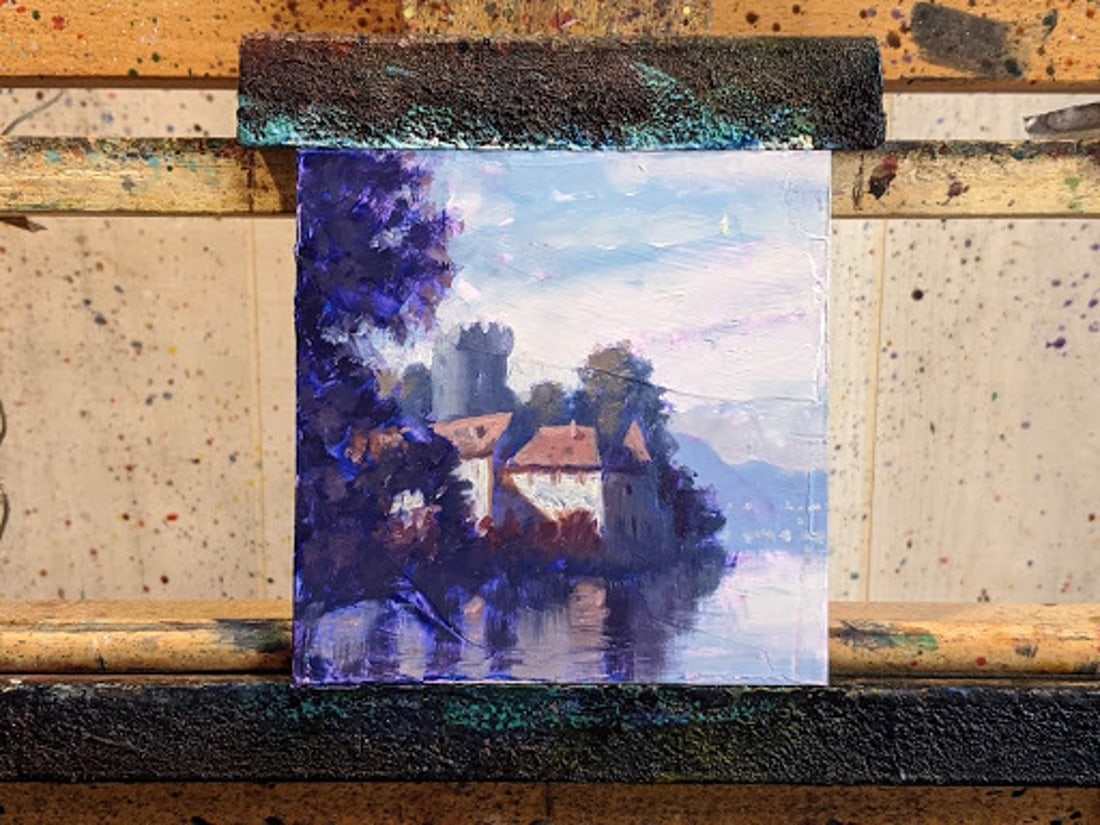 Chateau on the Lake by Christopher Clark | Oil on Artefex ACM panel of a castle by a lake - 2