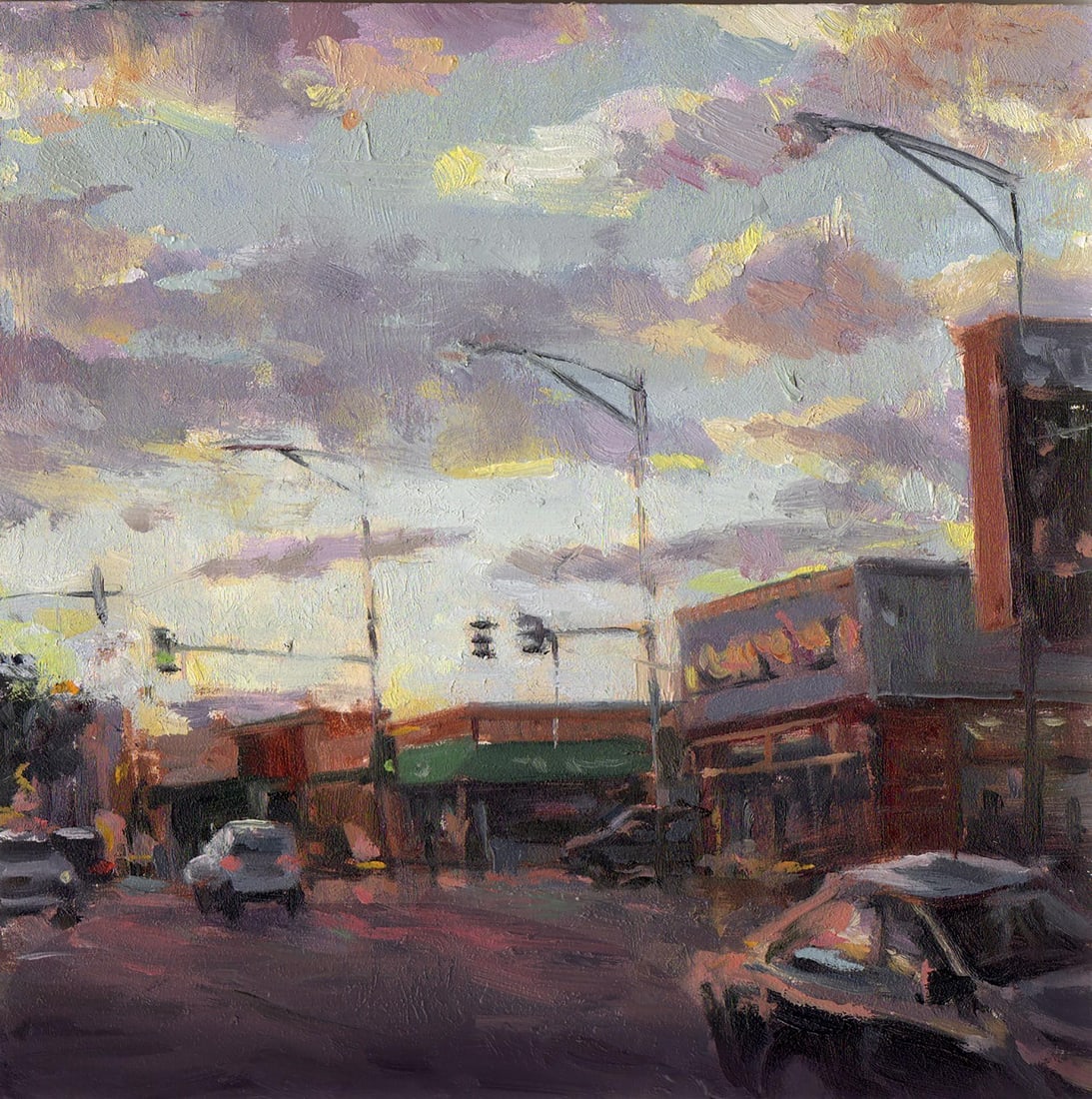 Intersection by Mary Flack | Oil on Panel City street scene at dusk with traffic lights and building - 2