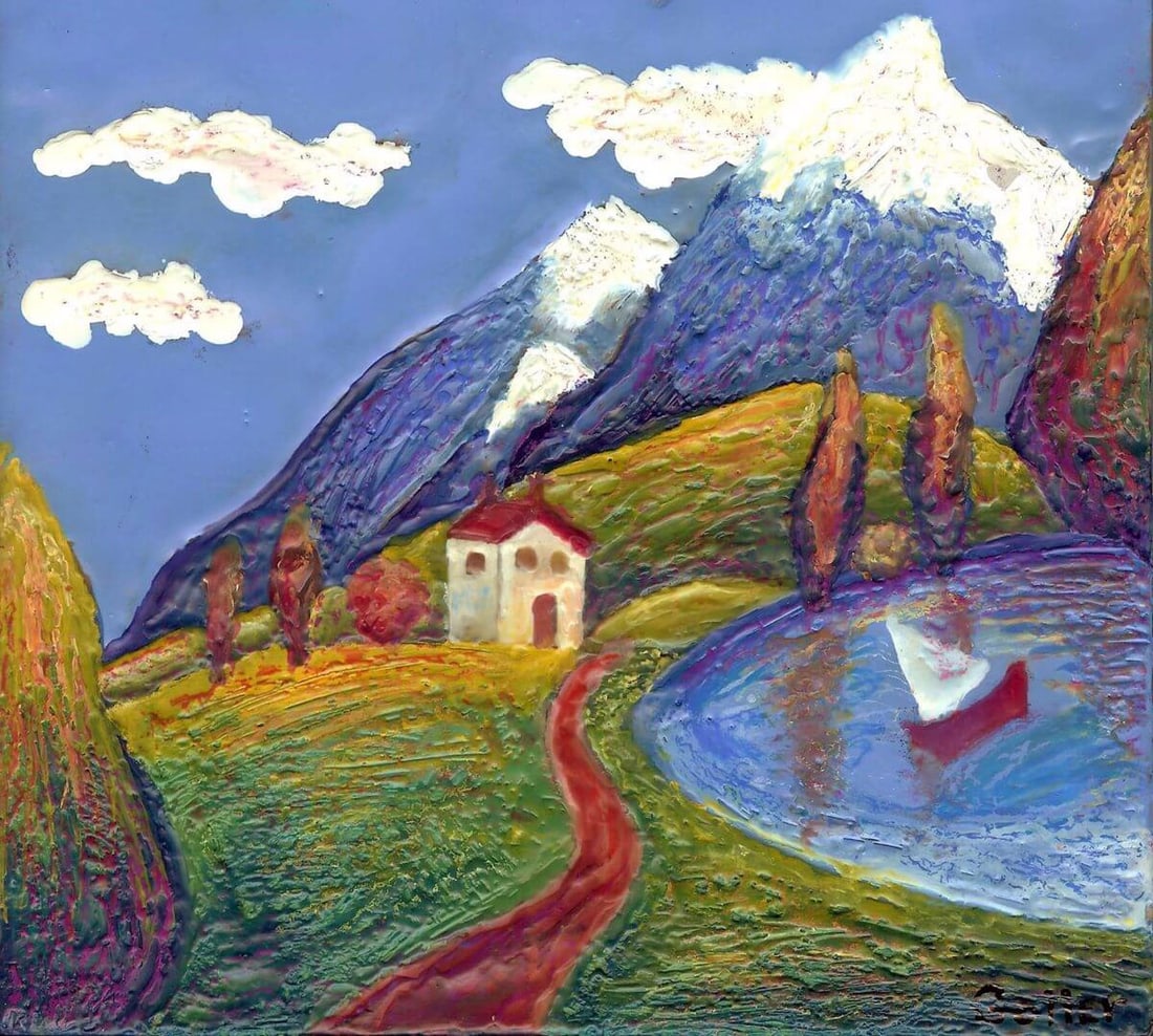Idyllic 46 by Carrie Goller | Encaustic on wood panel landscape with mountains and a lake: This encaustic work on wood panel captures a serene landscape, featuring a charming cottage nestled among rolling hills and majestic mountains. The vibrant colors and textured surface evoke a sense