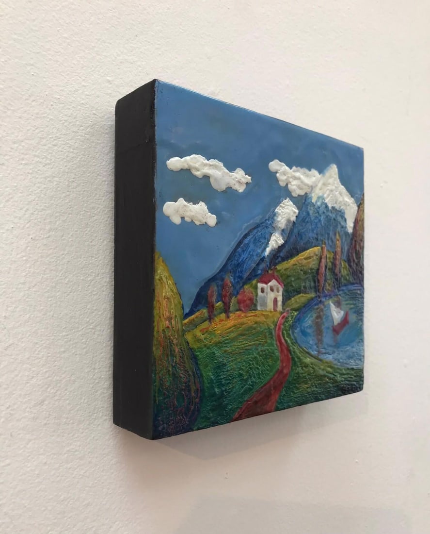 Idyllic 46 by Carrie Goller | Encaustic on wood panel landscape with mountains and a lake - 2