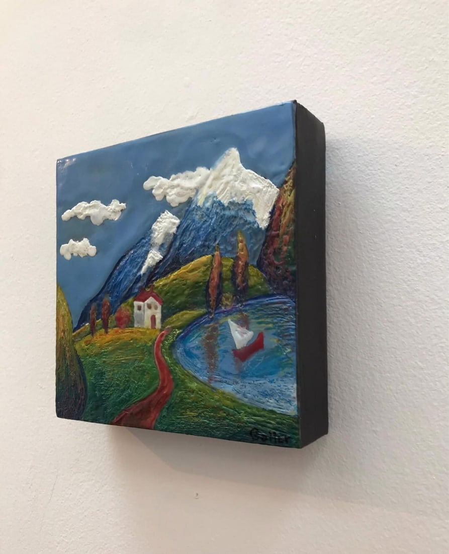 Idyllic 46 by Carrie Goller | Encaustic on wood panel landscape with mountains and a lake - 3