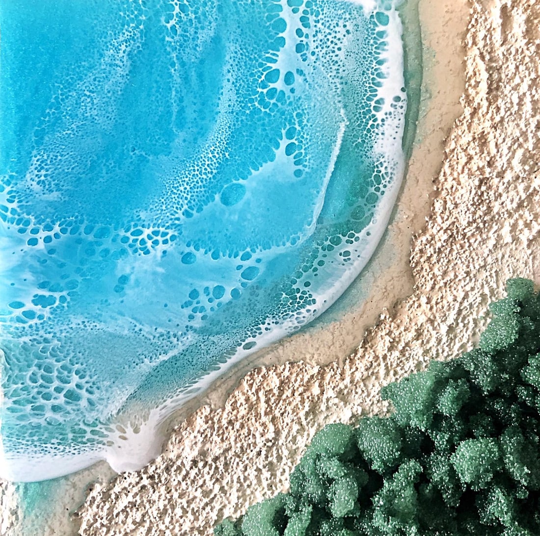 Here on the Beach #2 by Ana Hefco | Mixed Media on Wood Ocean waves and sandy beach scene: This mixed media piece captures the serene beauty of a beach scene, with vibrant turquoise waters meeting a textured sandy shore. The artist employs a dynamic layering technique, creating depth and