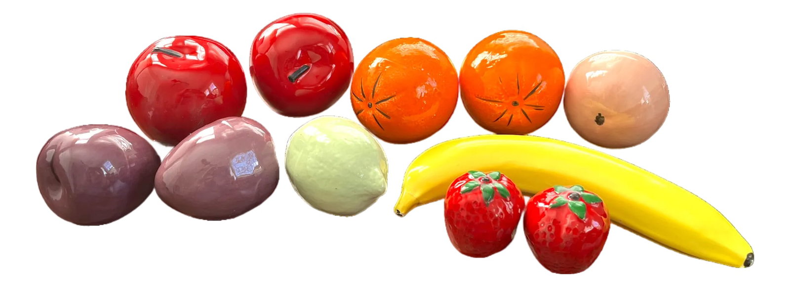 Set of 11 Vintage Italian Life-Size Ceramic Fruits - Hand-Painted Trompe L'Oeil Collection, Apples,: A vibrant and highly collectible set of vintage Italian life-size ceramic fruits, hand-painted in rich, saturated glazes with beautifully realistic form. This sculptural grouping includes apples, oran