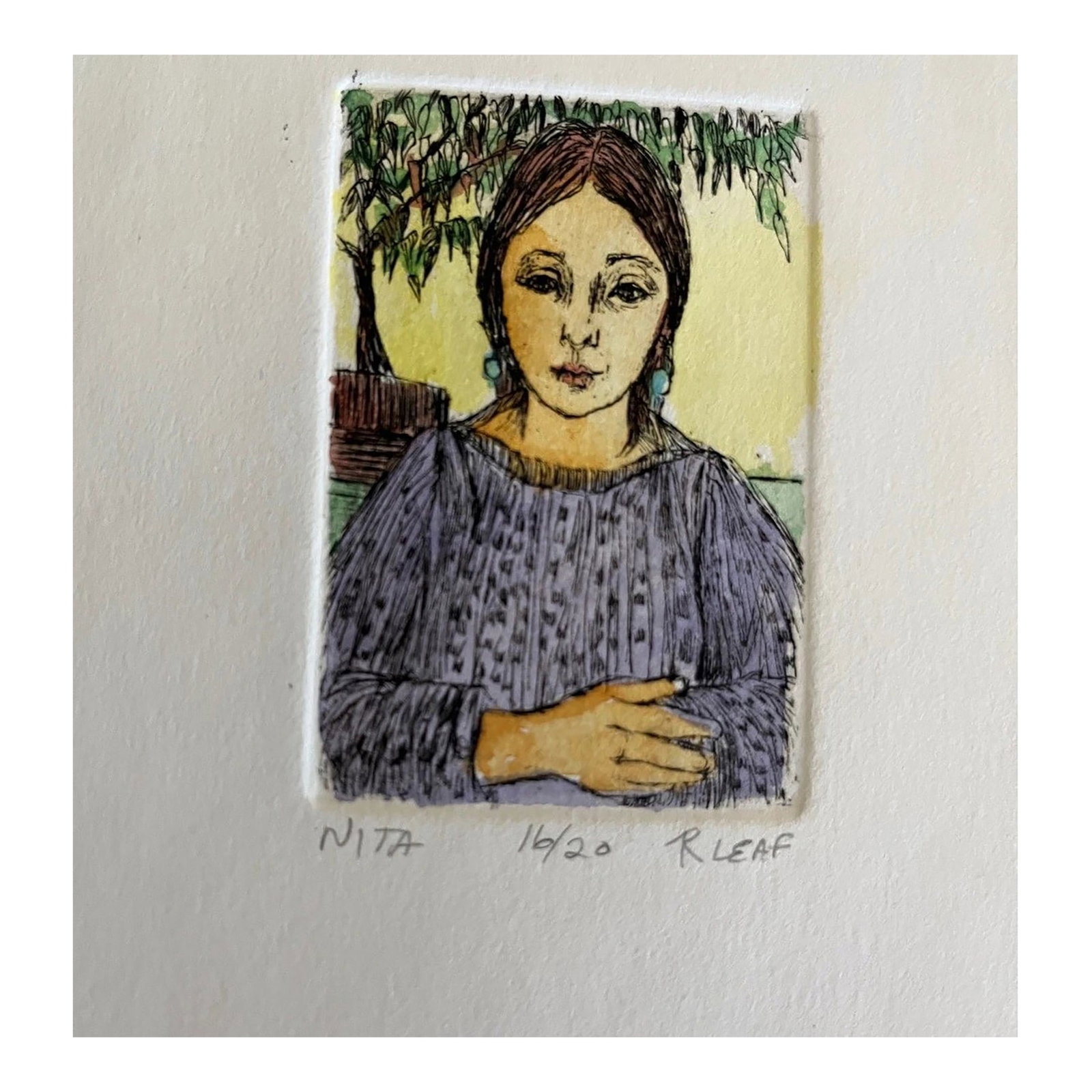 Late 20th Century Ruth Leaf Signed Limited Edition Etching "Nita" 5/20 - 9.5" x 8": A rare, low-edition original etching titled "Nita" by Ruth Leaf. This piece features a focused portrait with beautiful hand-colored blue earrings that pop against a sunny yellow background. With only 