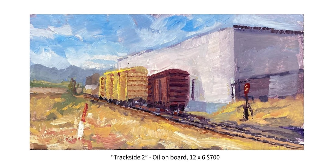 Trackside 2 by Delton Demarest | Oil on Board Painting of train cars near a building - 2