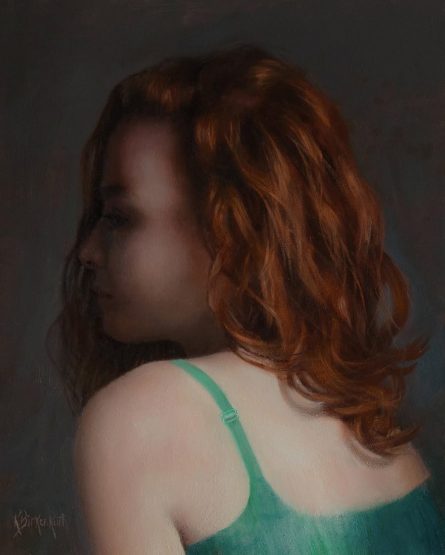 Portrait in Green by Kelly Birkenruth | Oil on Panel Portrait of a woman with red hair in a green to: This oil on panel painting captures a figure in profile, draped in a delicate green garment that contrasts with the rich warmth of her flowing red hair. The soft, muted background enhances the