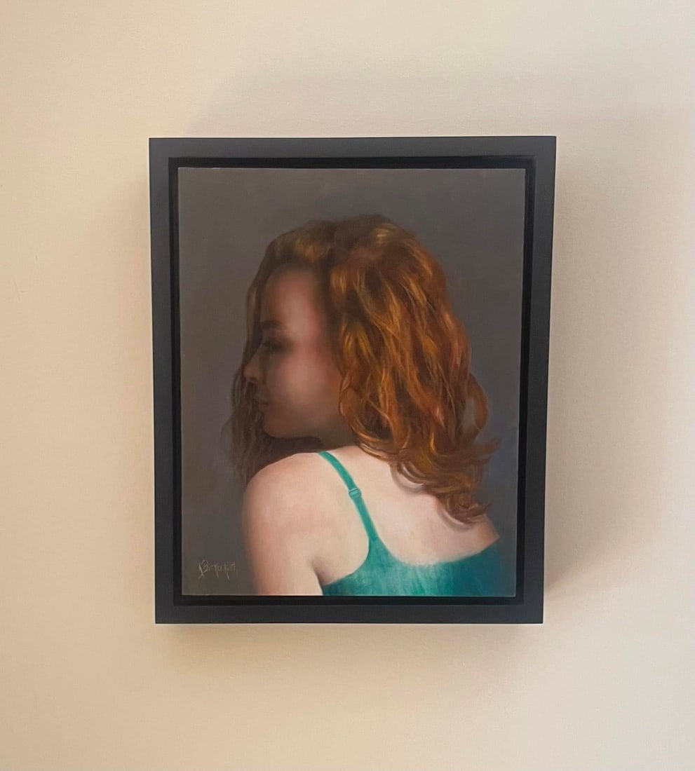 Portrait in Green by Kelly Birkenruth | Oil on Panel Portrait of a woman with red hair in a green to - 2