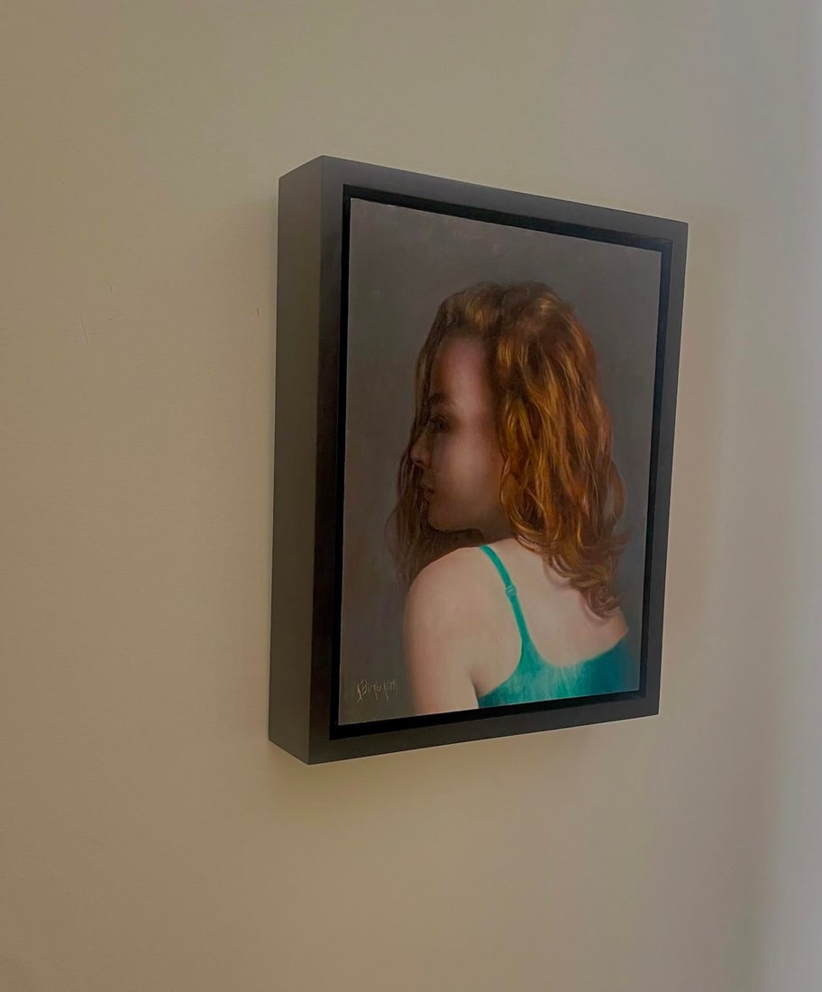 Portrait in Green by Kelly Birkenruth | Oil on Panel Portrait of a woman with red hair in a green to - 3