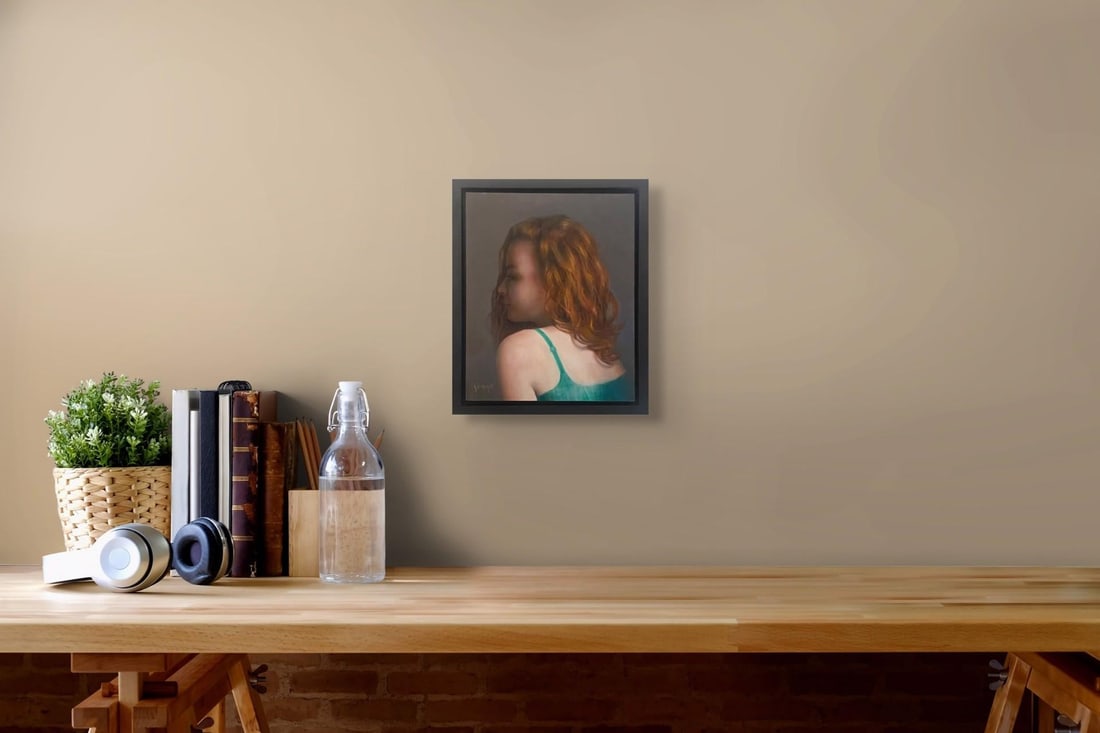 Portrait in Green by Kelly Birkenruth | Oil on Panel Portrait of a woman with red hair in a green to - 4