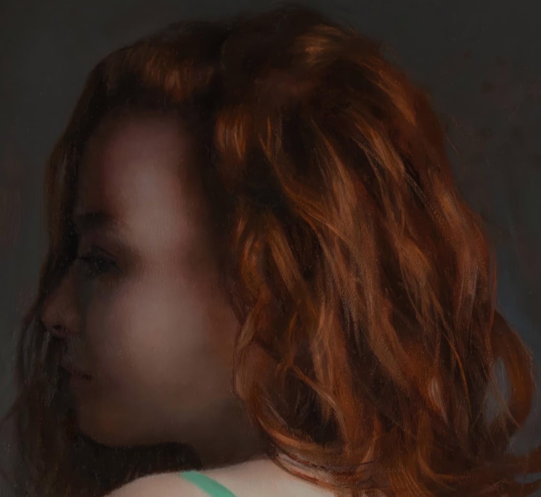Portrait in Green by Kelly Birkenruth | Oil on Panel Portrait of a woman with red hair in a green to - 5