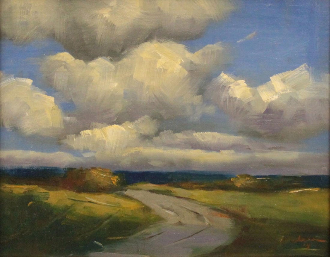 Colorado 83 by Ali Ghassan | Oil Painting of a landscape with clouds and a winding road: This oil on canvas board artwork captures a tranquil Colorado landscape, where rolling fields meet a dramatic sky filled with textured clouds. The soft, earthy tones of the foreground contrast with th