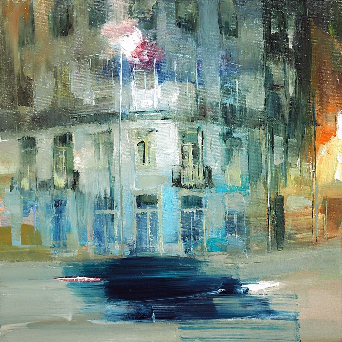 Porto XI by Heiko Mattausch | Oil Painting of a cityscape with blurred buildings and a vehicle - 2
