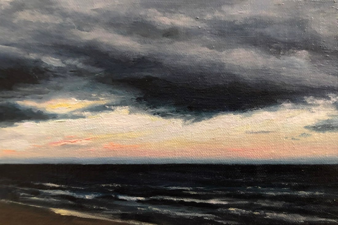 Storm by Barbara Hack | Oil on canvas panel Dark clouds over a turbulent sea at sunset.: The artwork captures a dramatic coastal scene, where dark, tumultuous clouds loom over a restless sea, hinting at an impending storm. Subtle hues of orange and pink peek through the clouds, creating