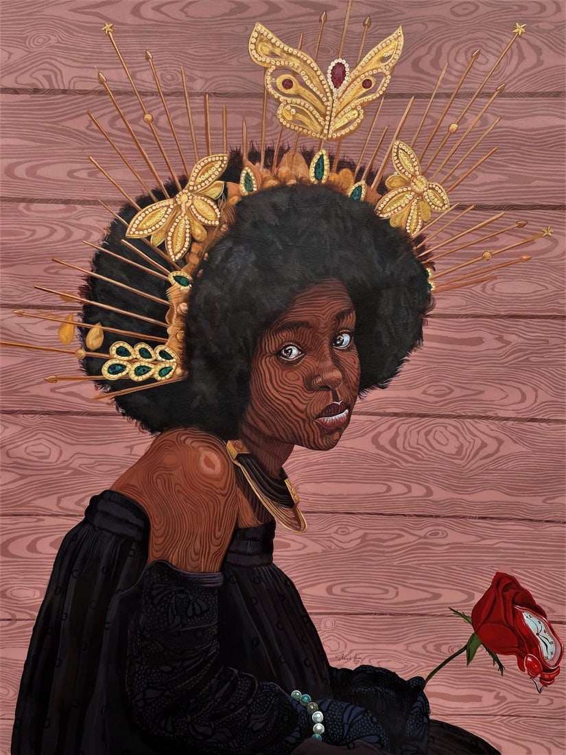 Persistence of Expectations by Joseph Idowu | Acrylic on canvas portrait of a woman with butterflies: Persistence of Expectations features a striking portrait of a figure adorned with an elaborate crown of butterflies, symbolizing transformation and beauty. The intricate detailing in the figure's