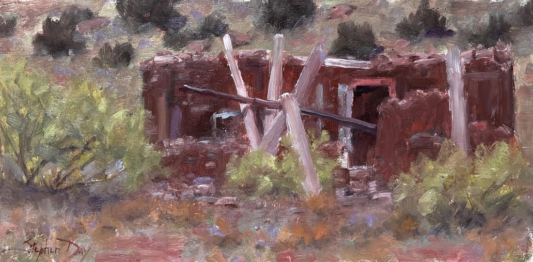 Adobe Ruin - New Mexico by Stephen Day | Oil Painting of a weathered adobe structure in a desert lan: This oil painting captures the weathered remnants of an adobe ruin in New Mexico, evoking a sense of nostalgia and the passage of time. The earthy tones of the structure blend harmoniously with the