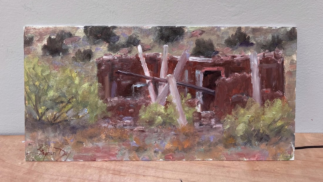 Adobe Ruin - New Mexico by Stephen Day | Oil Painting of a weathered adobe structure in a desert lan - 2