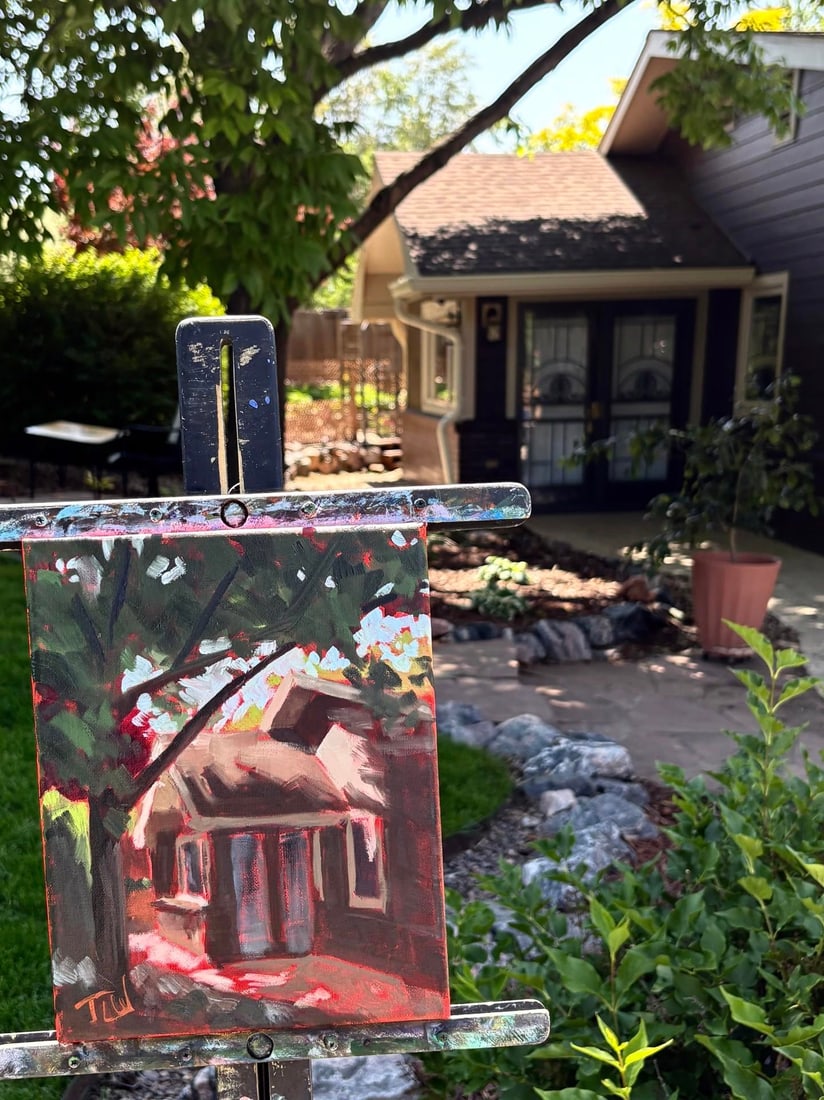 Morning Nook by Tracy Wall | Oil on canvas depicting a cozy house in a garden setting. (1 of 5)