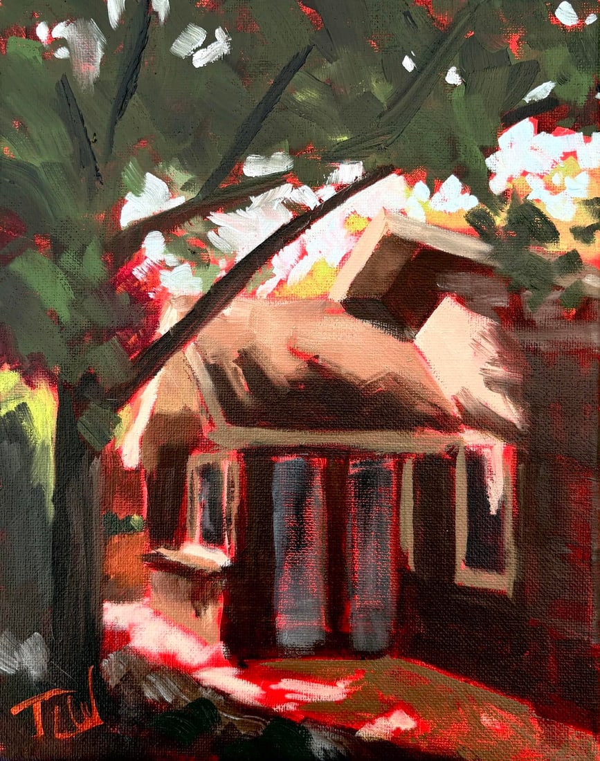 Morning Nook by Tracy Wall | Oil on canvas depicting a cozy house in a garden setting. - 2