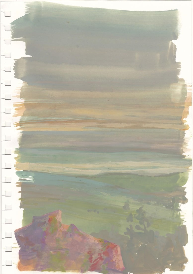 Study: Pink Boulder In The Foggy Evening by Charis Carmichael Braun | Gouache on paper Pink boulder: The artwork depicts a pink boulder emerging from a softly blurred landscape enveloped in fog, creating a serene and contemplative atmosphere. Subtle washes of gouache render the evening sky in muted