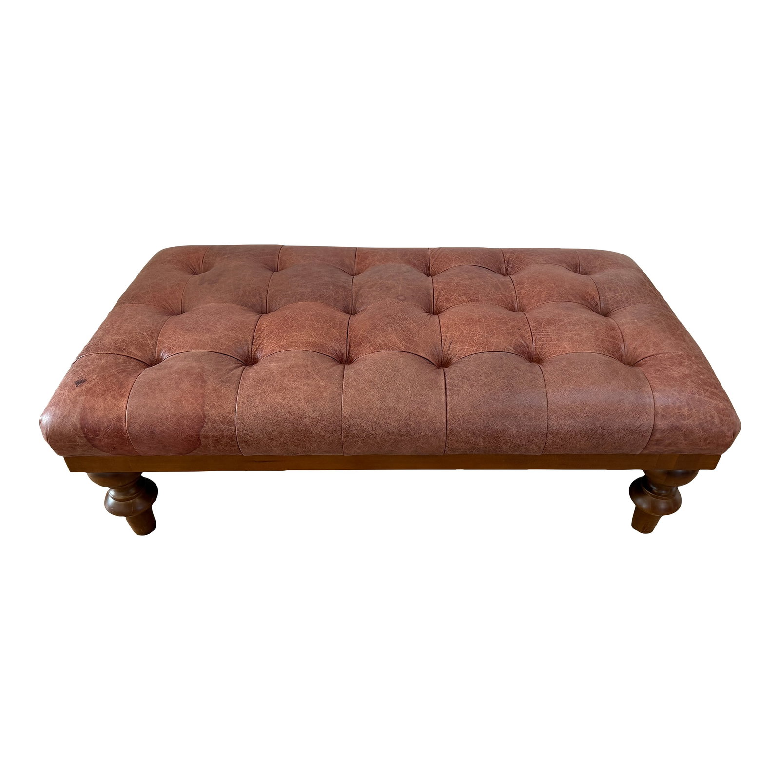 Late 20th Century Tufted Leather Bench Ottoman: A great versatile tufted leather bench or ottoman that also could work well as a coffee table. Put your feet up to relax and add a tray to hold your favorite dish. Styled after George Smith