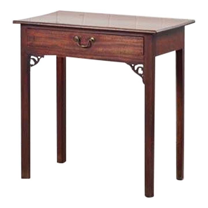 Single Drawer Georgian Side Table (c.1800): This Georgian side table (c.1800) features one drawer for additional storage, fitted with the original brass pull. It is crafted from rich mahogany and has a clean look with the squared legs, and is