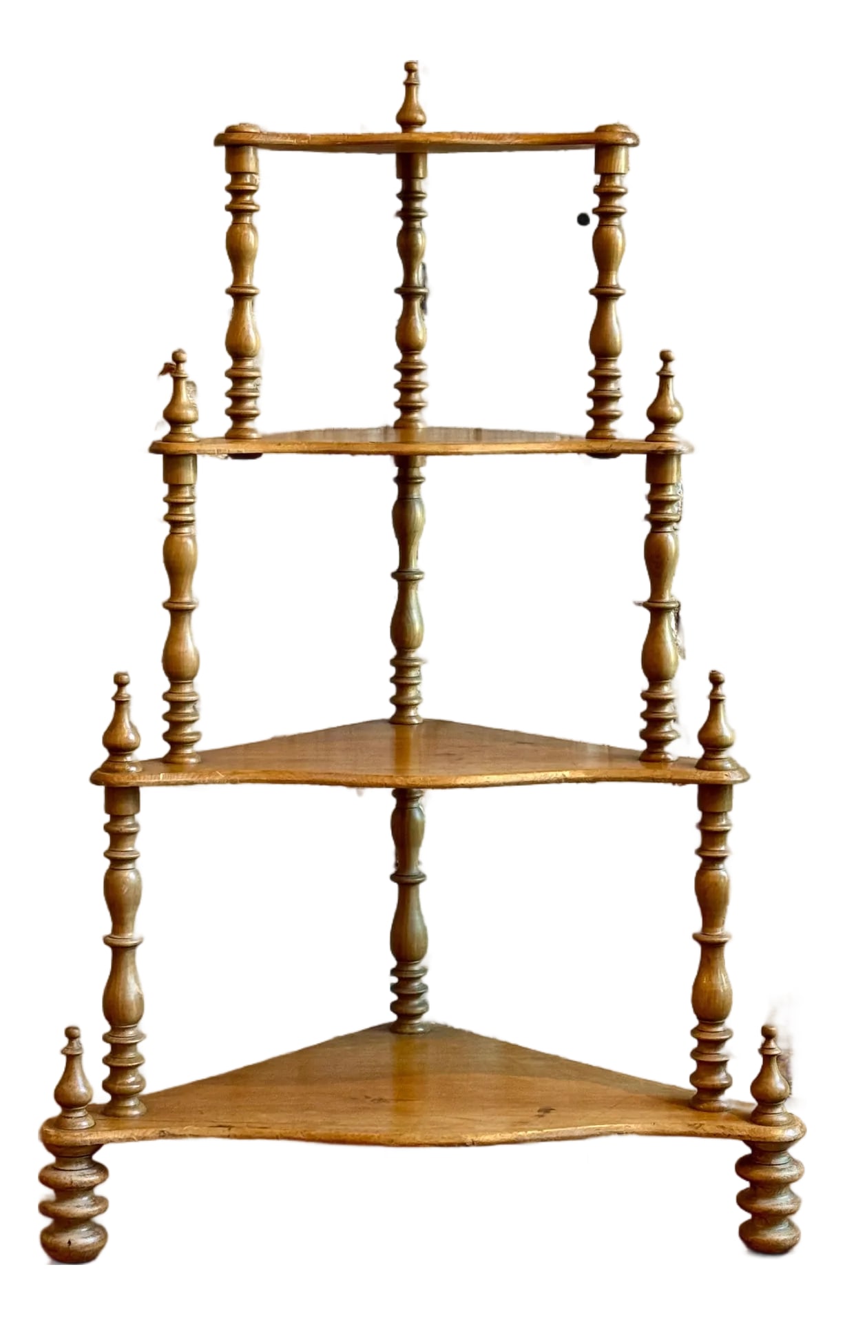 Late 19th Century Pine French Corner What Not Corner Shelf: This Antique French pine corner book or what not shelf is great to add extra storage or a new way to display your treasures in any corner in your home. With four shelves you have ample space to