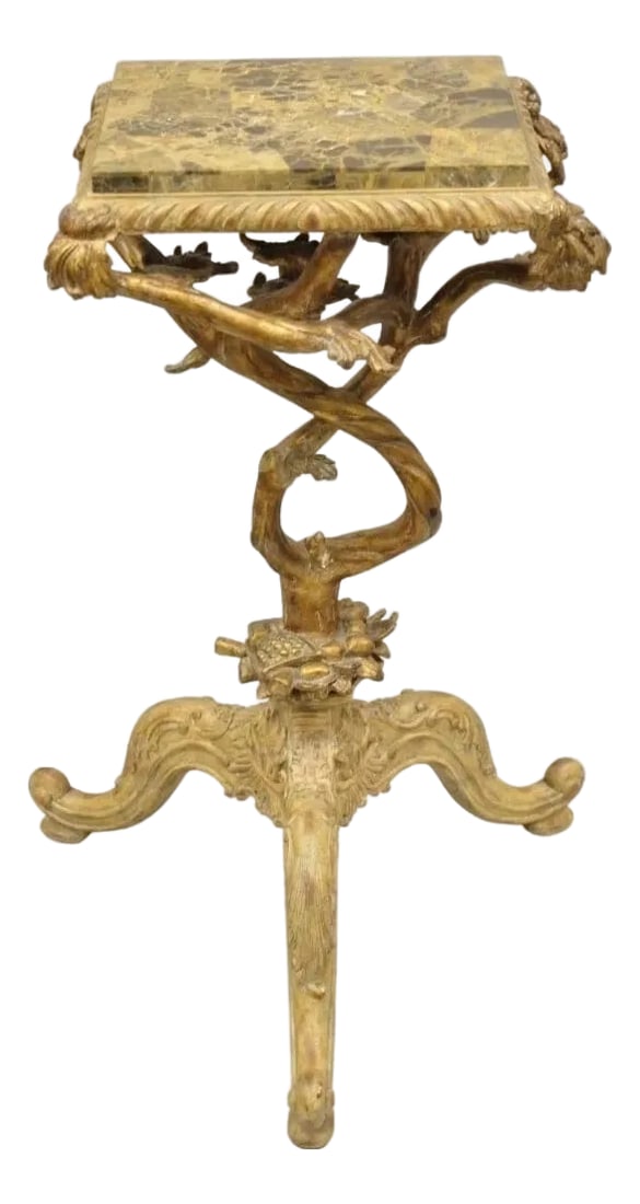 Late 20th Century Maitland Smith Italian Grotto Style Branch and Bird Figural Pedestal Side Table: Maitland Smith Italian Grotto Style Branch and Bird Figural Pedestal Side Table. Item features tessellated stone inlay top, figural carved resin base, original label, very unique table. Circa Late